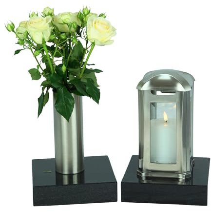designgrab Lampe tombale Venezia et Vase funéraire en Tube en Acier Inoxydable avec 2 pièces Granit Socle en Granite gneis Halmstad/barap/Hollandia