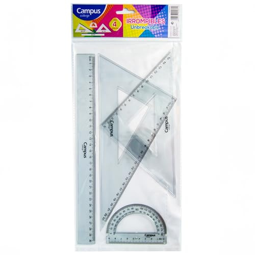 Campus College - Set Técnico Plástico Flexible, Regla, Cartabón, Escuadra y Semicírculo para la Escuela, Oficina, perfecta para Niños y Adultos, Color Transparente
