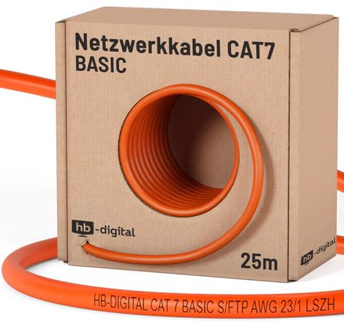 HB-DIGITAL Câble réseau CAT 7 25 m Câble LAN d’installation Ethernet AWG23 10 Gbit/s S/FTP LSZH sans halogène CPR Eca Simplex – Orange