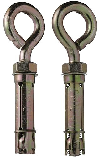 YoiYee M10 x 70mm Masonry Expansion Anchor Eye Bolt with Hex Nut, Yellow Zinc-Plated Steel Screw Eyeblot with Ring for Heavy Duty Fixing - 2 Pieces