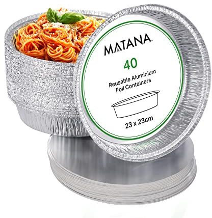 MATANA 40 Round Foil Trays with Lids (23cm/9, 1000ml) – Aluminium Foil Pie Dishes, Flan & Pastry Cases, Tarts, Quiches, Desserts, Cakes - Oven & Freezer Safe - Reusable & Disposable Baking Trays