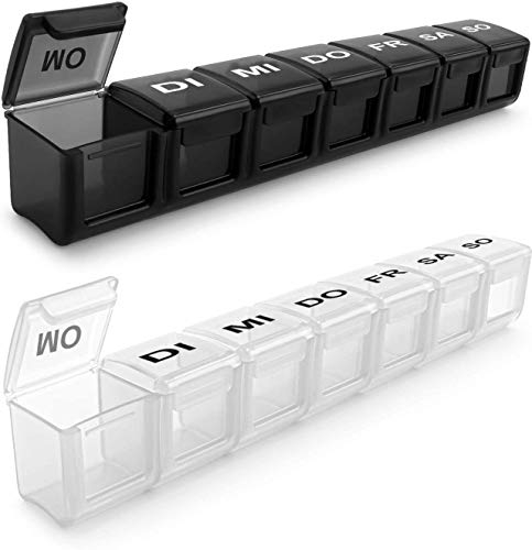 Tablettenbox 7 Tage 2 Stück Deutsch, SUKUOS 2X Pillendose 7 Fächer, Medikamenten-Box (Schwarz + Weiß)