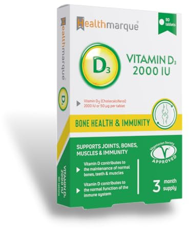 Vitamin D3 Tablets 2000iu 3 Month Supply - Premium Grade Vitamin D Supplements by Healthmarque UK; 50mcg, 90 Tablets, Bone, Muscle & Immune Support