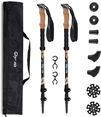 Glymnis Carbon Nordic Walking Stöcke Wanderstöcke verstellbar 65-135cm Trekkingstöcke Klemmverschluss Korkgriff mit 4 Paar Gummipuffers Schwarz