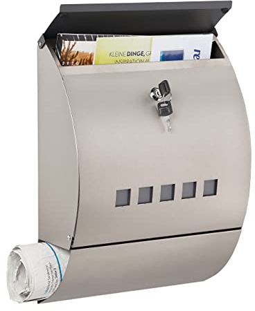 Relaxdays Boîte aux Lettres, Porte-journaux, Acier INOX, fenêtres de visualisation, 2 clés, HLP 40x30x12,5 cm, argenté