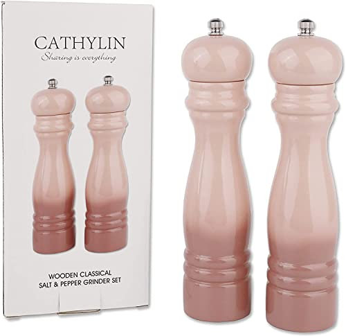 Cathylin Ensemble de salière et poivrière en bois - Moulins à sel et poivre - Lot de 2 moulins manuels Paris avec rotor réglable en céramique rechargeable (rose, 20,3 cm)