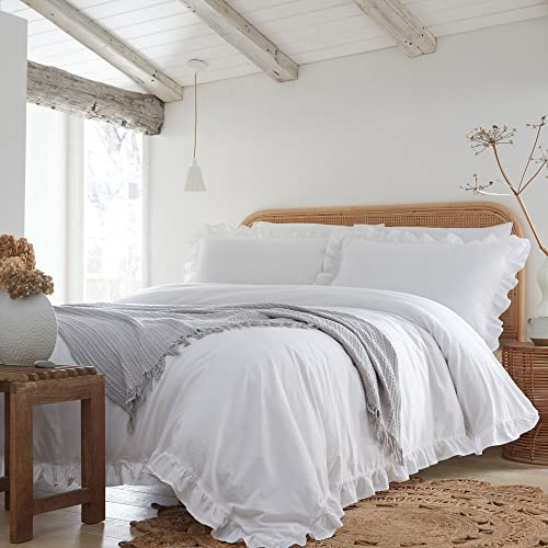 Appletree Weißer Rüschen-Bettbezug – Doppelgröße (200 x 200 cm) – weiche 100 % Baumwolle – 2 Kissenbezüge – Rüschen-Bettwäsche-Set – Vintage-Stil, Weiß