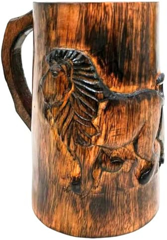 collectiblesBuy Hand-carved Antique Brown Lion Design Wooden Coffee Mug Rustic Drinkware Tankard Drinking Mug Tea Wine Beer with Handle for Men Camping Travel Outdoor Natural Mug