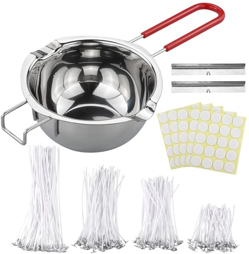 DNDGDLUA Kerzenherstellung Zubehör Schmelztopf,Kerzen Selber Machen Set, 200 Stück kerzendochte für kerzen, mit 2 Edelstahl dochte für kerzen Festen Halter, dochte für kerzen gießen, kerzen gießen set