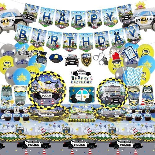 Obussgar polis födelsedag partydekorationer – polisfesttillbehör inklusive banderoller, tårttoppar, tallrikar, koppar, servetter, dukar, ballonger – för 20 gäster (banderoll)