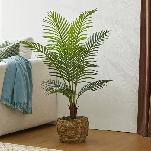 Glitzhome Artificial Areca Palm Tree - 3.6FT Faux Tropical Palm Plant with 4 Trunks, Fake House Floor Plant in Pot for Living Room Kitchen Office Decoration