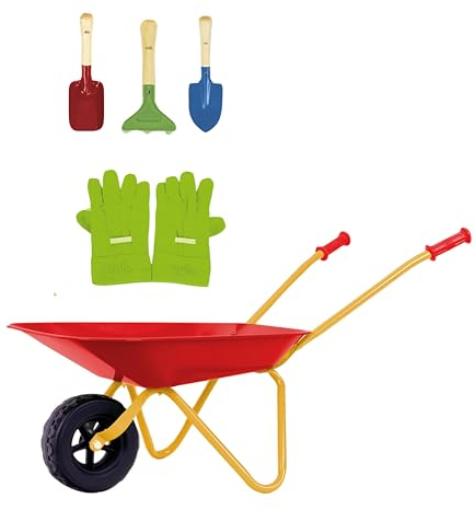 Theo Klein 7669 Carriola per bambini con accessori I In metallo, portata fino a 10 chili I Include robusti attrezzi da gioco di giardino I Giocattoli per bambini dai 3 anni in su