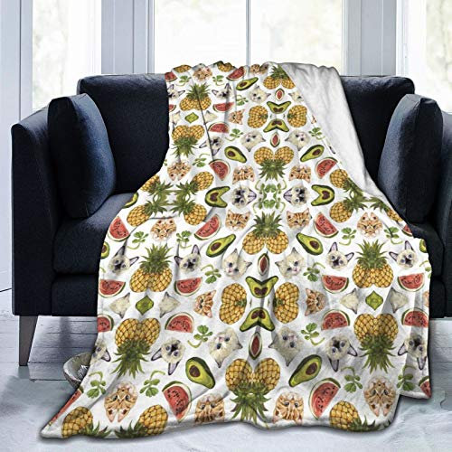 fifbird Warme Decke, Flanell-Fleecedecke, für alle Jahreszeiten, hautfreundlich, Überwurf, Mikrofaser, Bettüberwürfe für drinnen und draußen (Avocado, Wassermelone, Ananas und Katze), 203,2 x 152,4 cm