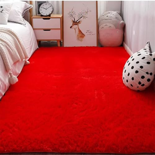 Guetto Hochflor Teppich Wohnzimmer rutschfest Fellteppich Shaggy Flauschig Weich Modern Kunstfell Fell Imitat Einfarbig, Teppich für das Schlafzimmer/Wohnzimmer/Kinderzimmer,Rot,80x160cm