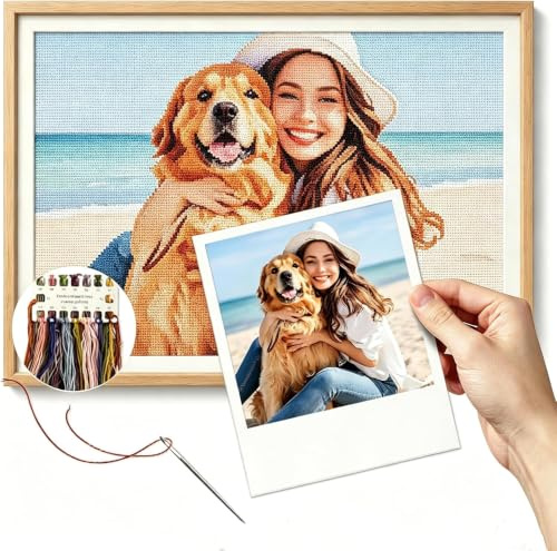 Gofission Individuelles 11-karätiges Kreuzstich-Set für Erwachsene und Anfänger, personalisieren Sie Ihr eigenes Foto, vorgedrucktes Stickset mit Zubehör (11ct, 16×20 inch)