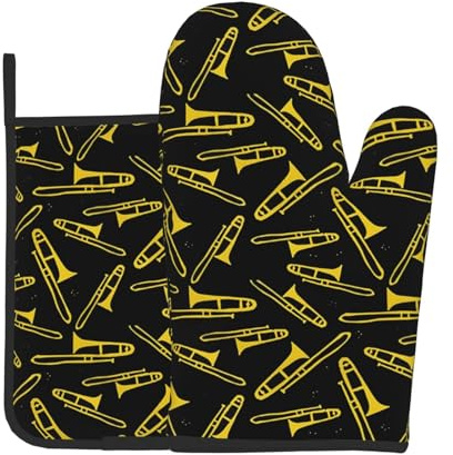 Trombone Noir et Jaune, Mitaines de Four et maniques, Gants de Cuisine, Gants de Cuisson résistants à la Chaleur