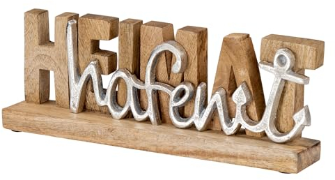 levandeo Deko Aufsteller Heimathafen L30cm Braun Holz Silber Mango Maritim Tischdeko Anker Schriftzug