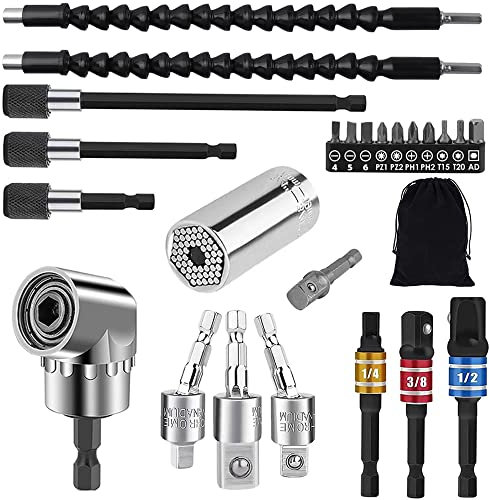 GALLIA Flexible Drill Bit Extension and Universal Socket Wrench Tool Set, Hex Shank 105° Right Angle Drill Attachmen, 1/4 3/8 1/2 Universal Socket Adapter Set, Drill Bit Holder Screwdriver Bit Kit