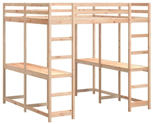 vidaXL Hochbett mit Schreibtisch und Leiter, Massivholz, 140 x 200 cm, mittelgroßes Bett, Hochbett mit Leiter, mittelgroßes Bett für Kinder