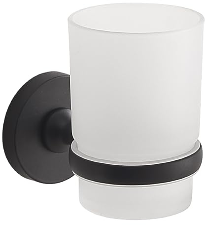 Gedy Felce Plus Portacepillos Dientes Baño Pared 6,7x10,2x10cm Acero INOX y Cristal Satinado Acabado Negro Mate, con Tornillos y Biadhesivo