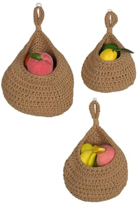 Fruteros De Cocina 3 cestas colgantes de pared for frutas for la cocina, cesta de almacenamiento en forma de lágrima for organizar, cesta colgante de verduras de cuerda tejida a mano(Cotton rope)