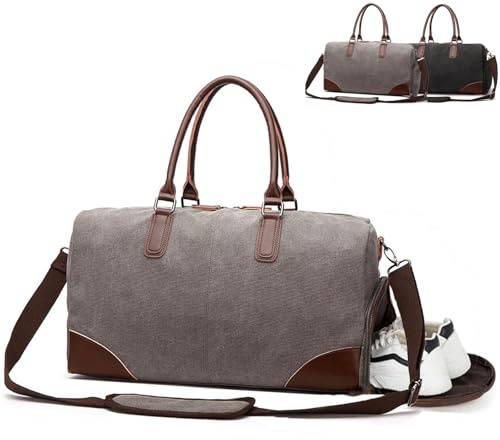 Sporttasche Reisetasche Groß 55L,Sporttasche mit Schuhfach Nassfach,Canvas Leder Duffle Bag Herren,Vintage Handgepäck Gym Bag (schwarz)