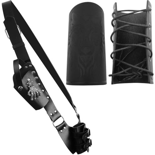 FHUILIJH PU-Leder-Schulterwaffenhalter und Leder-Handgelenkschützer-Set für Ritter-Krieger-Piraten-Cosplay,Schwarz,40cm