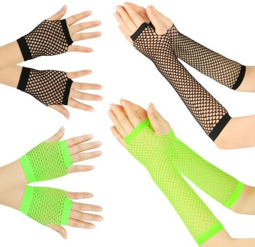 OPIURVY 4 Paar Netzhandschuhe, Lang und Kurz, Schwarz und Fluoreszierend Grün, Damen und Mädchen, Weiblich, Nylon, Netz Mesh Handschuhe, Abendhandschuhe für 80er Jahre Verkleidung, Kostüm Party, M