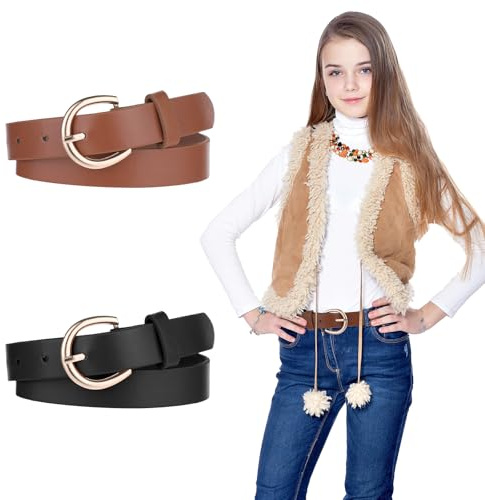 Molain 2 Pack Girls Belt 32.3 Inch PU Leather Kids Elastic Belt