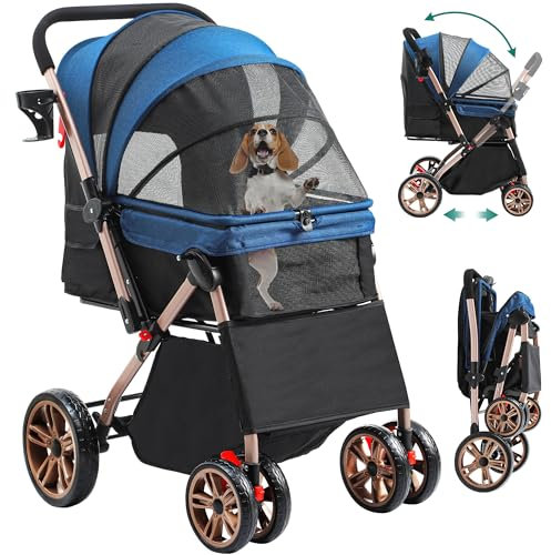 YITAHOME Faltbarer Hundebuggy für Hunde, Haustierbuggy mit umkehrbarem Griff, Netzfenstern, Getränkehalter, 360° drehbare EVA-Räder mit Bremsen (Blau)