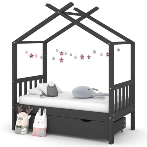 Hommdiy Kinderbett mit Schublade Dunkelgrau Massivholz Kiefer 70x140 cm