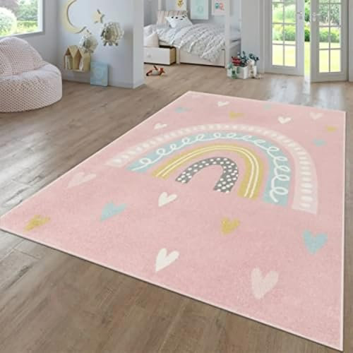 AAFUOO Tappeto per bambini arcobaleno, tappeto per gattonare, tappeto antiscivolo, lavabile, per soggiorno, camera da letto, corridoio, balcone, rosa 240 * 300 cm (95×118 pollici)