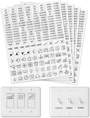GOMAKERER 900 etiquetas adhesivas con interruptor de luz, 2 estilos de pegatinas transparentes de identificación para el hogar, cocina, baño, oficina y escuela, 6 x 20 mm y 15 x 15 mm