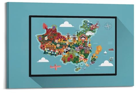 qiyan Poster decorativo da parete con mappa dell'Asia e della Cina, poster decorativo su tela e stampa artistica moderna per camera da letto, poster decorativo per la camera da letto (40 x 60 cm)
