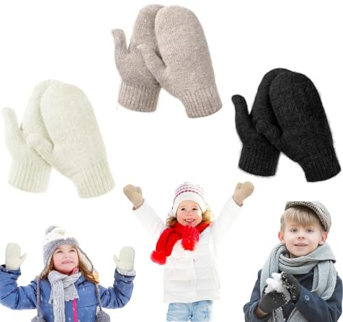 YCZARD 3Pairs Kids Winter Gloves Children Warm Gloves Soft Knit Kids Glove Toddler Stretch Mittens 4-11Years White Black Brown