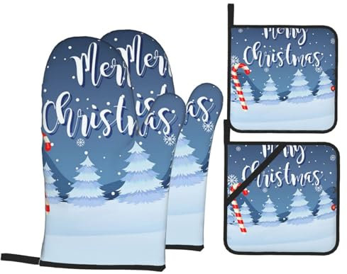 Ofenhandschuhe und Topflappen-Set, Schneemann, Zuckerstangen, hitzebeständig, Küchen-Backhandschuhe, rutschfeste Oberfläche zum Kochen, Backen, Grillen, Grillen