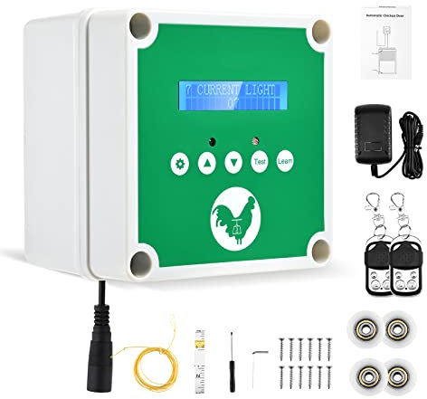 Sunowl Puerta Automática para Pollos, Abridor Automático de Puerta para Gallinero conTemporizador y 2 Controles remotos, Kit de Puerta eléctrica para gallinero para Proteger a los Pollos (Verde)