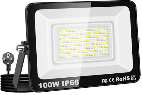 RIGIDON Faretto LED da Esterno con Spina, 100W 10000LM Fari di Sicurezza | 6000K Bianco Freddo, IP66 Impermeabile, Faretti Proiettore Led, Faro Lampada per Giardino Cortile Garage Officina Patio