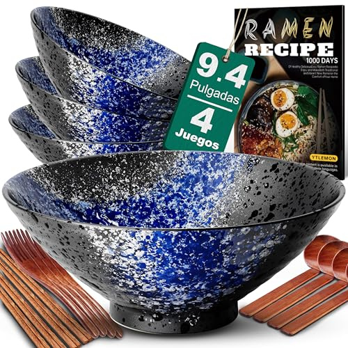 Ramen Skål Keramikset 4×1700 Ml, 57 Oz Japansk Porslinsservis Med Gaffel Ätpinnar Sked Och Recept Soppskålar Blandningsskålar För Nudlar Spannmål Sallader Presenter Till Nya Hem