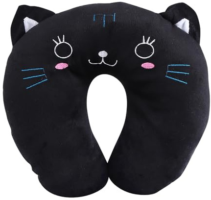 Cuscino per collo da viaggio, cuscino per collo auto in cotone PP, riduce la pressione del collo, con bellissimo stile cartone animato, per ufficio, test auto, gatto nero, (2)