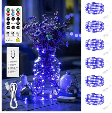 SINAMER 6 Stück Micro LED Lichterkette mit Aufladbarer Batterie,2M 20LEDs | Timer und Fernbedienung, 8 Modi, Dimmbar,Wasserdichter Silberdraht für Innen, Zimmerdeko, Weihnachten, Hochzeit (Blau)