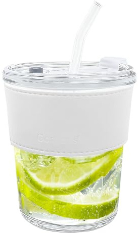LTHERMELK Tumbler with Straw and Lid - 400ml Glass Straws, Cold Brew Iced Coffee Cup for Car Travel, Reusable Frosted Glass Tumbler with Leather Sleeve & Straw