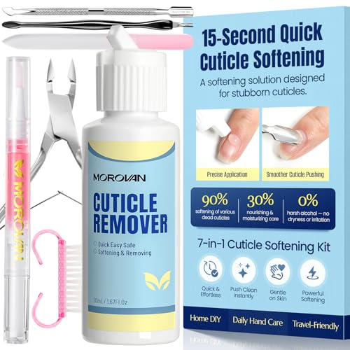 Morovan Cuticle Remover & Cuticle Oil Kit: Instant Cuticle Softener 15s Removal 7 Pieces Manicure Kit for Women with Stainless Steel Tools and Nail Files for Salon-Quality Results at Home