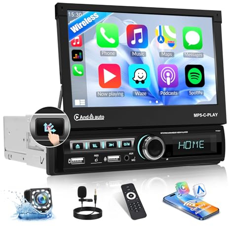 OiLiehu Single Din Touchscreen Car Stereo with Wireless CarPlay Android Auto, 7'' Motorized Flip Out Car Screen with Bluetooth, Mirror Link, FM Radio, EQ, SWC, AUX-IN, 2 USB, TF-Port, Backup Camera