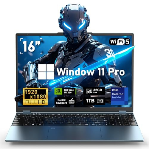 NAIKLULU Gaming Laptop,Laptop Computer PC,Win 11 Pro 16 Inch Lap Top 2025,32GB RAM 1TB SSD PC,MX350 Graphics,N95 4C/4T Processor(up to 3.4Ghz),Backlit Keyboard,16”FHD 1920 * 1200 Display,WiFi 5,BT4.0