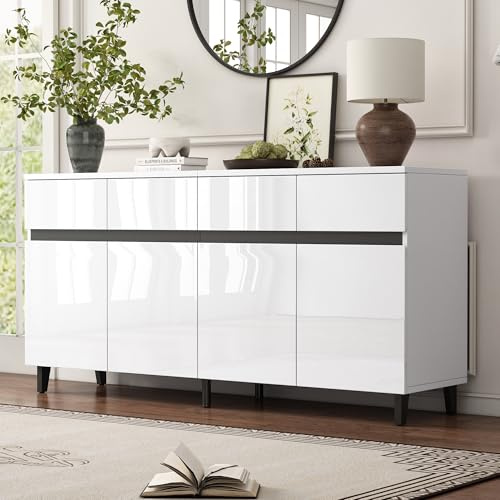 Merax Sideboard 160cm Breit, Modernes Kommode mit 4 Türen, 4 Schubladen, Verstellbare Ablage, Hochglanz Buffetschrank Küchenbuffet, Mehrzweckschrank für Wohnzimmer Esszimmer Küchen Flur Eingang, Weiß
