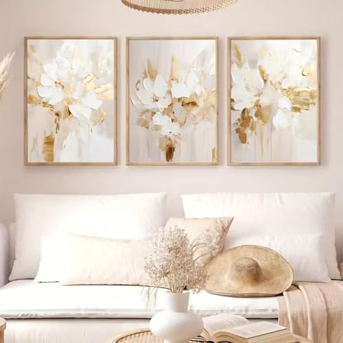 Ueiwffzo 3er Abstrakt Poster Set, Aesthetic Wandbilder Beige Golden Leinwandbilder Wandposter, Kunstposter Bilder Wohnzimmer Schlafzimmer, Ohne Rahmen (50x70cm)