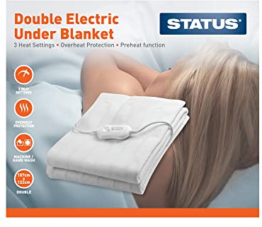 Status Double Electric Under Blanket 75W, 3 Heat Settings with Adjustable Slide Controller, Overheat Protection and Machine-Washable Design (DEB1PKB)