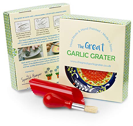 Garlic Grater Plate Set with Brush and Peeler. (#Ref 4) Handmade and Hand Painted in Cordoba, Spain. Blue with Green and Orange Circle. Wild Flowers.