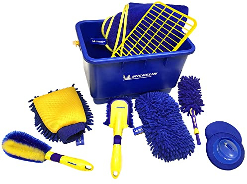 Michelin Ultimate 11-Piece Car Wash Kit Large 17L Bucket Short HandleMag Wheel Brushes Microfibre Duster Detailing Brush Chenille Wash and Scrub Sponge Applicator Pad Kit Drying Towel Car SUV Truck